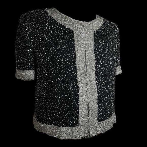 Beaded Blazer Vintage Sequin Bolero Jacket Short Sleeve Silk Coat - Picture 4 of 4